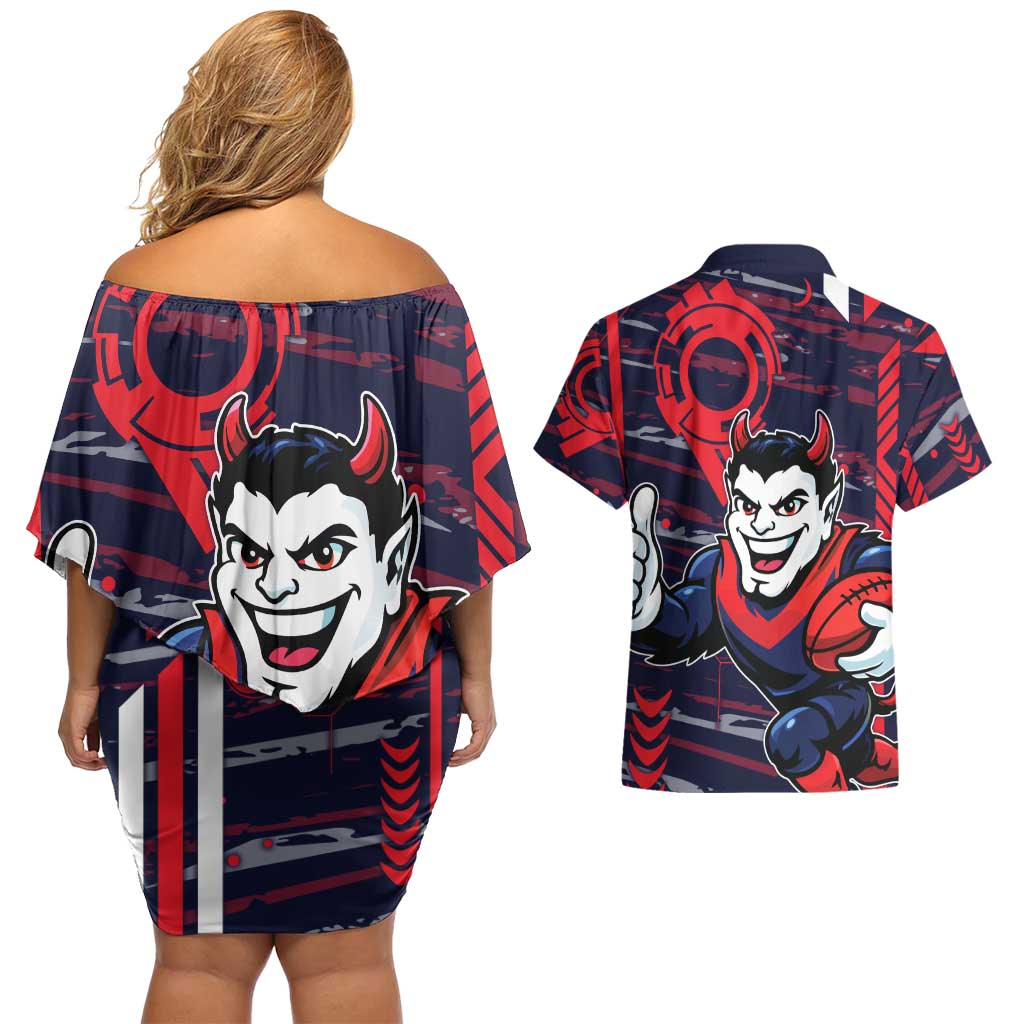 Melbourne Demons Couples Matching Off Shoulder Short Dress and Hawaiian Shirt Mascot Cartoon Football Illustration Style