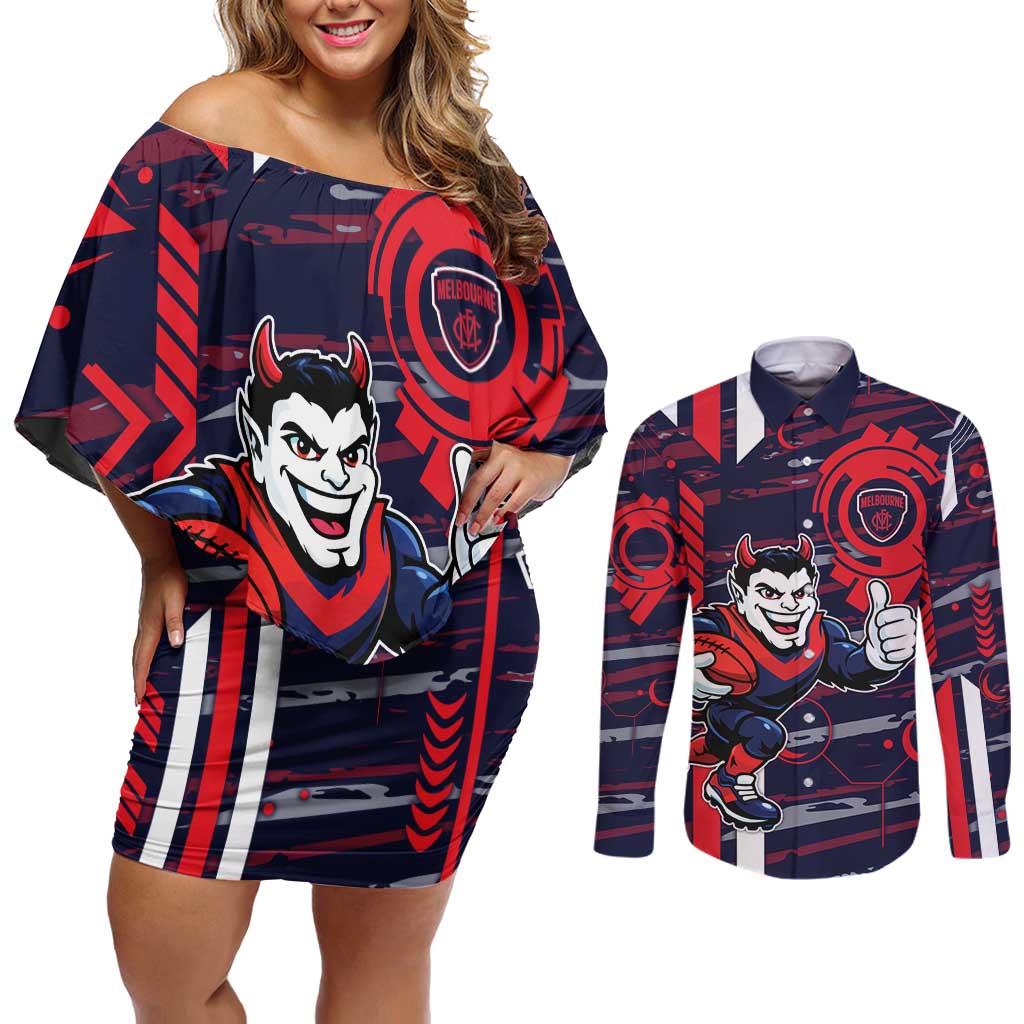 Melbourne Demons Couples Matching Off Shoulder Short Dress and Long Sleeve Button Shirt Mascot Cartoon Football Illustration Style