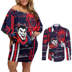 Melbourne Demons Couples Matching Off Shoulder Short Dress and Long Sleeve Button Shirt Mascot Cartoon Football Illustration Style