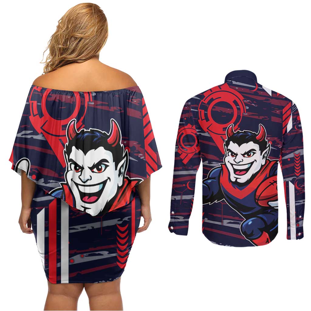 Melbourne Demons Couples Matching Off Shoulder Short Dress and Long Sleeve Button Shirt Mascot Cartoon Football Illustration Style