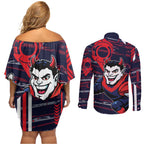 Melbourne Demons Couples Matching Off Shoulder Short Dress and Long Sleeve Button Shirt Mascot Cartoon Football Illustration Style