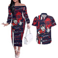 Melbourne Demons Couples Matching Off The Shoulder Long Sleeve Dress and Hawaiian Shirt Mascot Cartoon Football Illustration Style