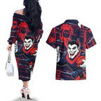 Melbourne Demons Couples Matching Off The Shoulder Long Sleeve Dress and Hawaiian Shirt Mascot Cartoon Football Illustration Style