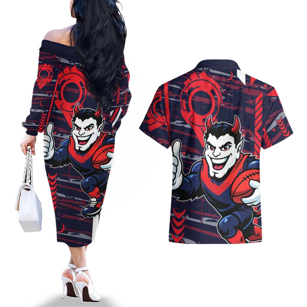 Melbourne Demons Couples Matching Off The Shoulder Long Sleeve Dress and Hawaiian Shirt Mascot Cartoon Football Illustration Style