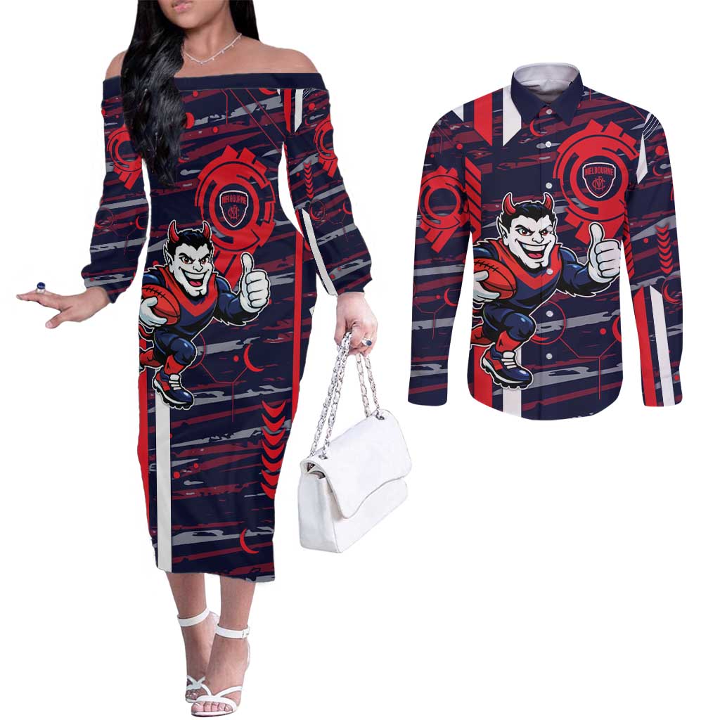 Melbourne Demons Couples Matching Off The Shoulder Long Sleeve Dress and Long Sleeve Button Shirt Mascot Cartoon Football Illustration Style