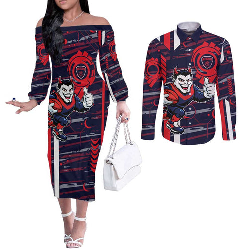 Melbourne Demons Couples Matching Off The Shoulder Long Sleeve Dress and Long Sleeve Button Shirt Mascot Cartoon Football Illustration Style
