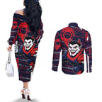 Melbourne Demons Couples Matching Off The Shoulder Long Sleeve Dress and Long Sleeve Button Shirt Mascot Cartoon Football Illustration Style
