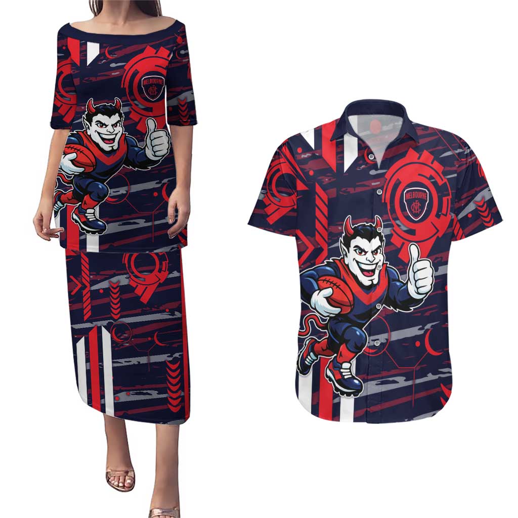Melbourne Demons Couples Matching Puletasi and Hawaiian Shirt Mascot Cartoon Football Illustration Style
