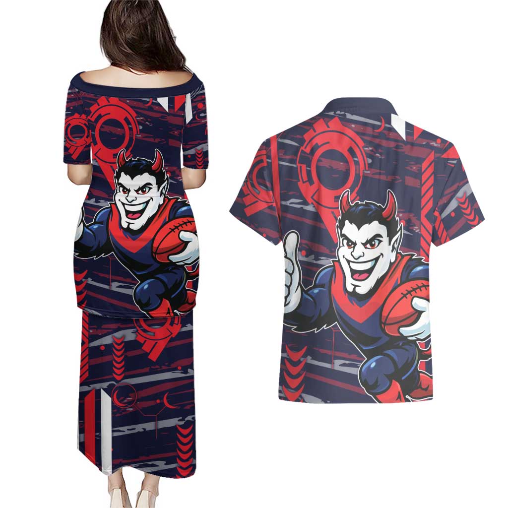 Melbourne Demons Couples Matching Puletasi and Hawaiian Shirt Mascot Cartoon Football Illustration Style
