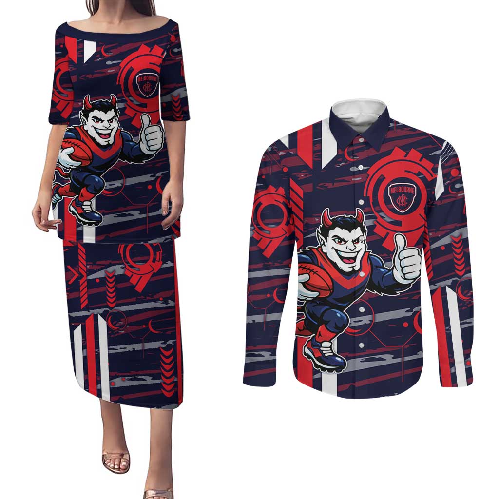 Melbourne Demons Couples Matching Puletasi and Long Sleeve Button Shirt Mascot Cartoon Football Illustration Style