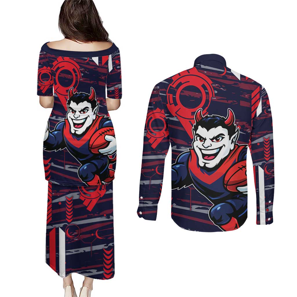 Melbourne Demons Couples Matching Puletasi and Long Sleeve Button Shirt Mascot Cartoon Football Illustration Style