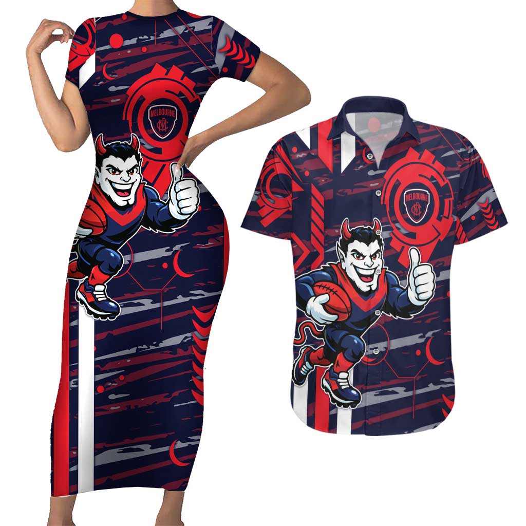 Melbourne Demons Couples Matching Short Sleeve Bodycon Dress and Hawaiian Shirt Mascot Cartoon Football Illustration Style