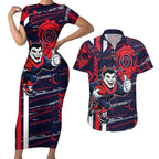 Melbourne Demons Couples Matching Short Sleeve Bodycon Dress and Hawaiian Shirt Mascot Cartoon Football Illustration Style