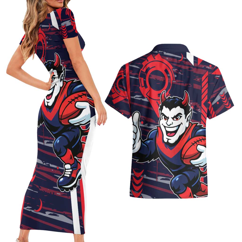 Melbourne Demons Couples Matching Short Sleeve Bodycon Dress and Hawaiian Shirt Mascot Cartoon Football Illustration Style