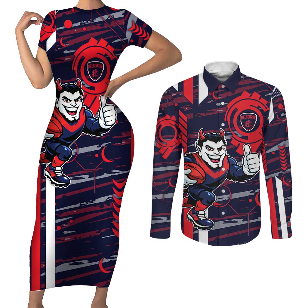 Melbourne Demons Couples Matching Short Sleeve Bodycon Dress and Long Sleeve Button Shirt Mascot Cartoon Football Illustration Style