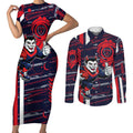 Melbourne Demons Couples Matching Short Sleeve Bodycon Dress and Long Sleeve Button Shirt Mascot Cartoon Football Illustration Style