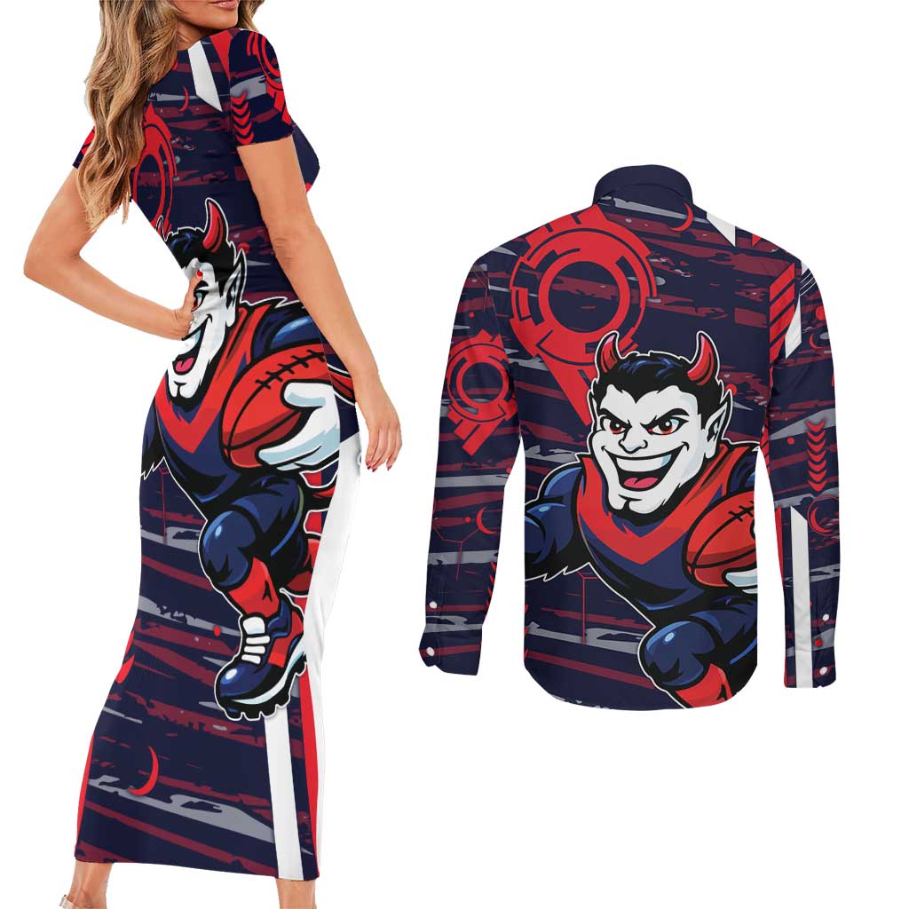 Melbourne Demons Couples Matching Short Sleeve Bodycon Dress and Long Sleeve Button Shirt Mascot Cartoon Football Illustration Style