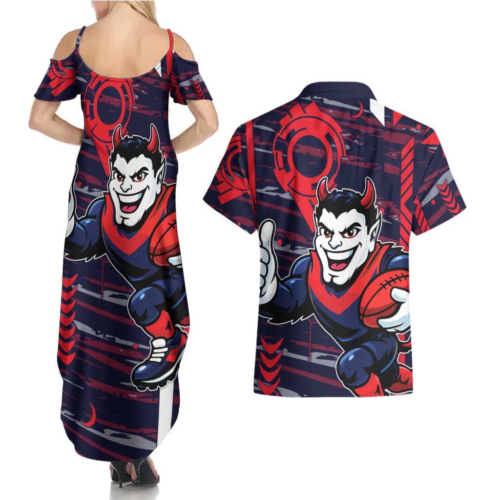 Melbourne Demons Couples Matching Summer Maxi Dress and Hawaiian Shirt Mascot Cartoon Football Illustration Style