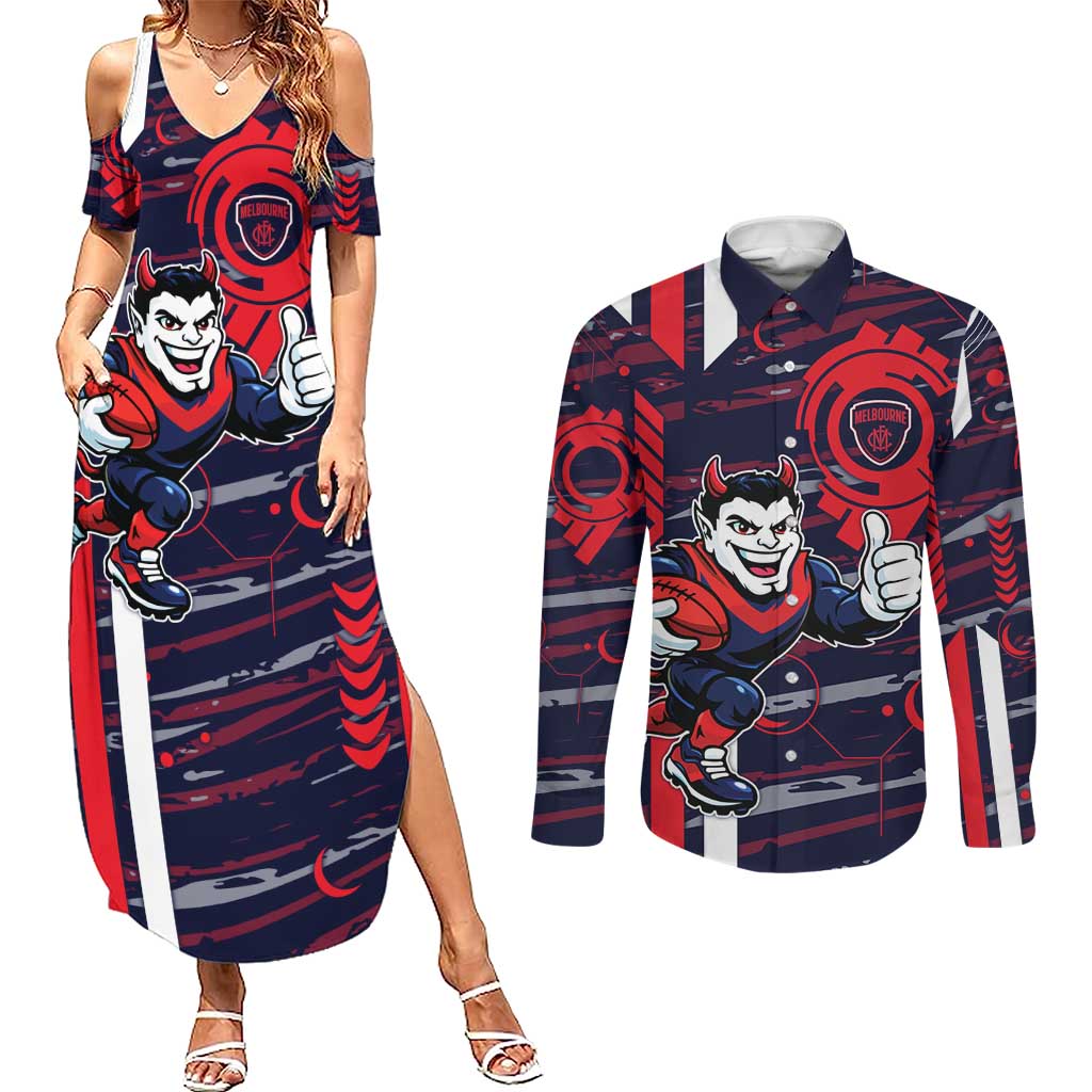 Melbourne Demons Couples Matching Summer Maxi Dress and Long Sleeve Button Shirt Mascot Cartoon Football Illustration Style