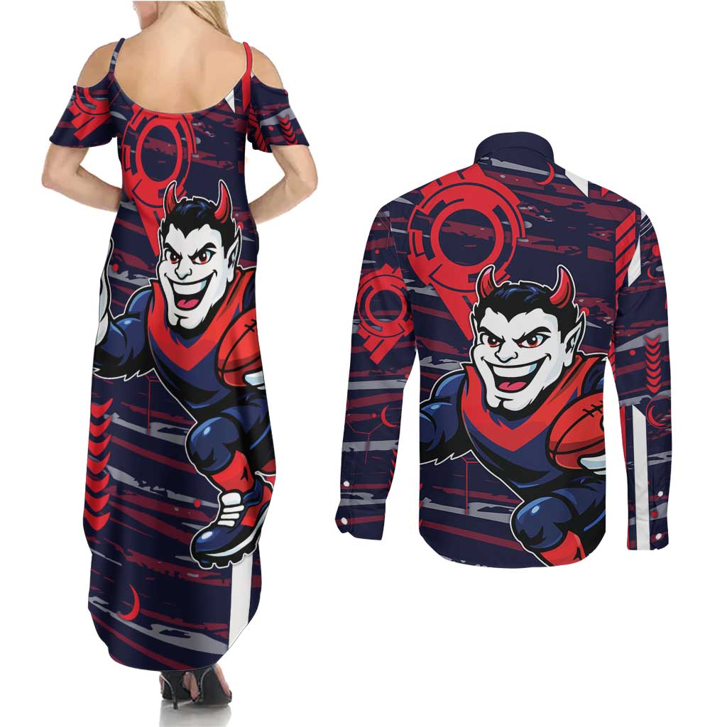 Melbourne Demons Couples Matching Summer Maxi Dress and Long Sleeve Button Shirt Mascot Cartoon Football Illustration Style