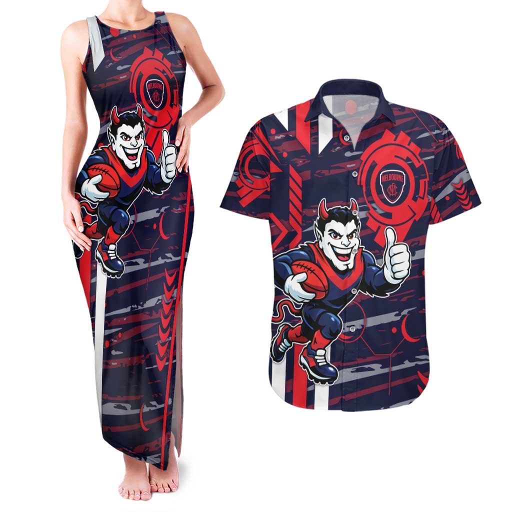 Melbourne Demons Couples Matching Tank Maxi Dress and Hawaiian Shirt Mascot Cartoon Football Illustration Style