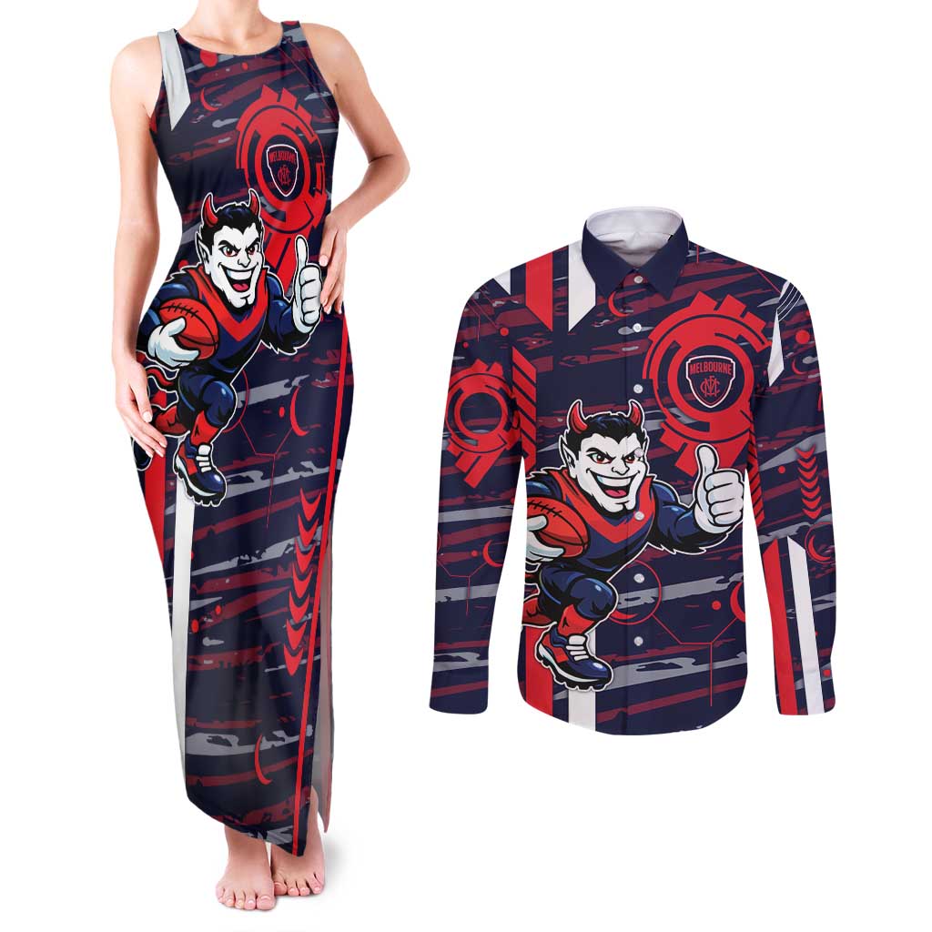 Melbourne Demons Couples Matching Tank Maxi Dress and Long Sleeve Button Shirt Mascot Cartoon Football Illustration Style