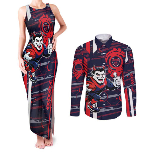 Melbourne Demons Couples Matching Tank Maxi Dress and Long Sleeve Button Shirt Mascot Cartoon Football Illustration Style