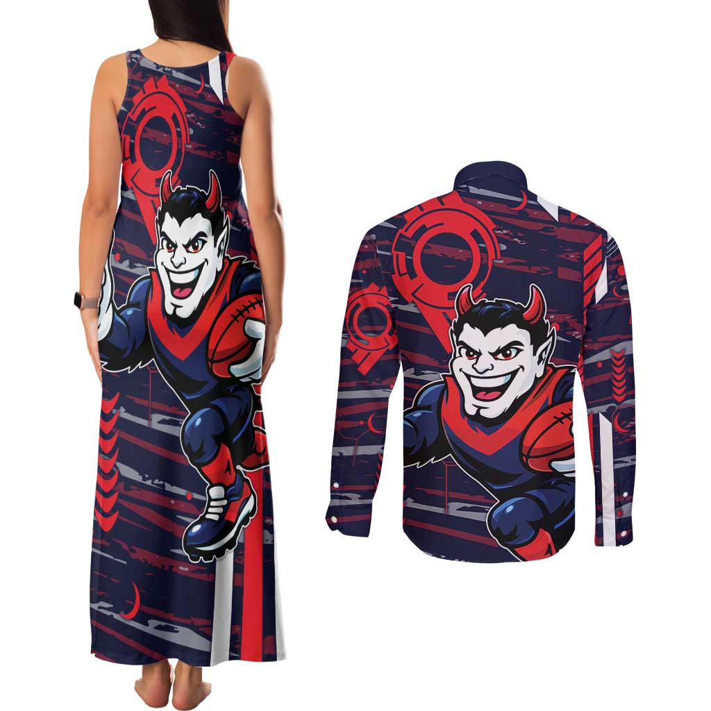 Melbourne Demons Couples Matching Tank Maxi Dress and Long Sleeve Button Shirt Mascot Cartoon Football Illustration Style