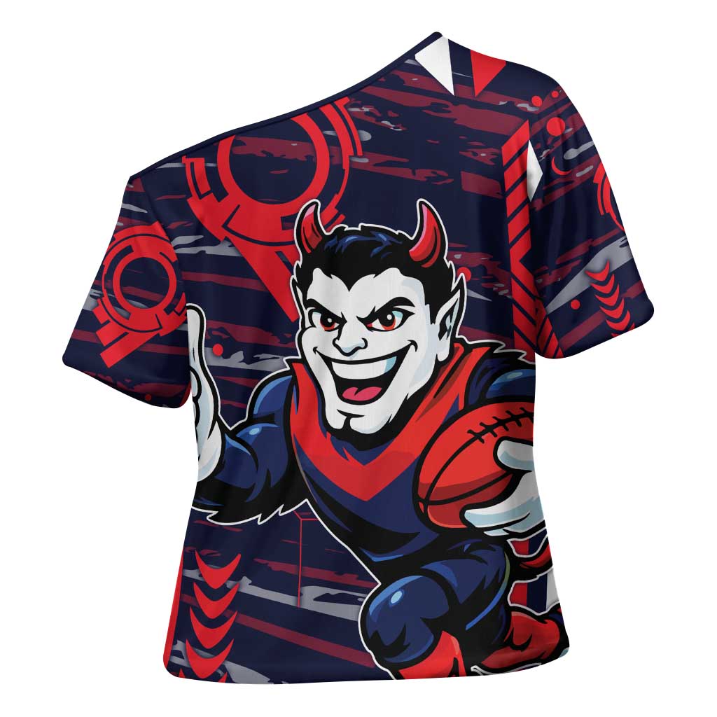 Melbourne Demons Cross Shoulder Shirt Mascot Cartoon Football Illustration Style