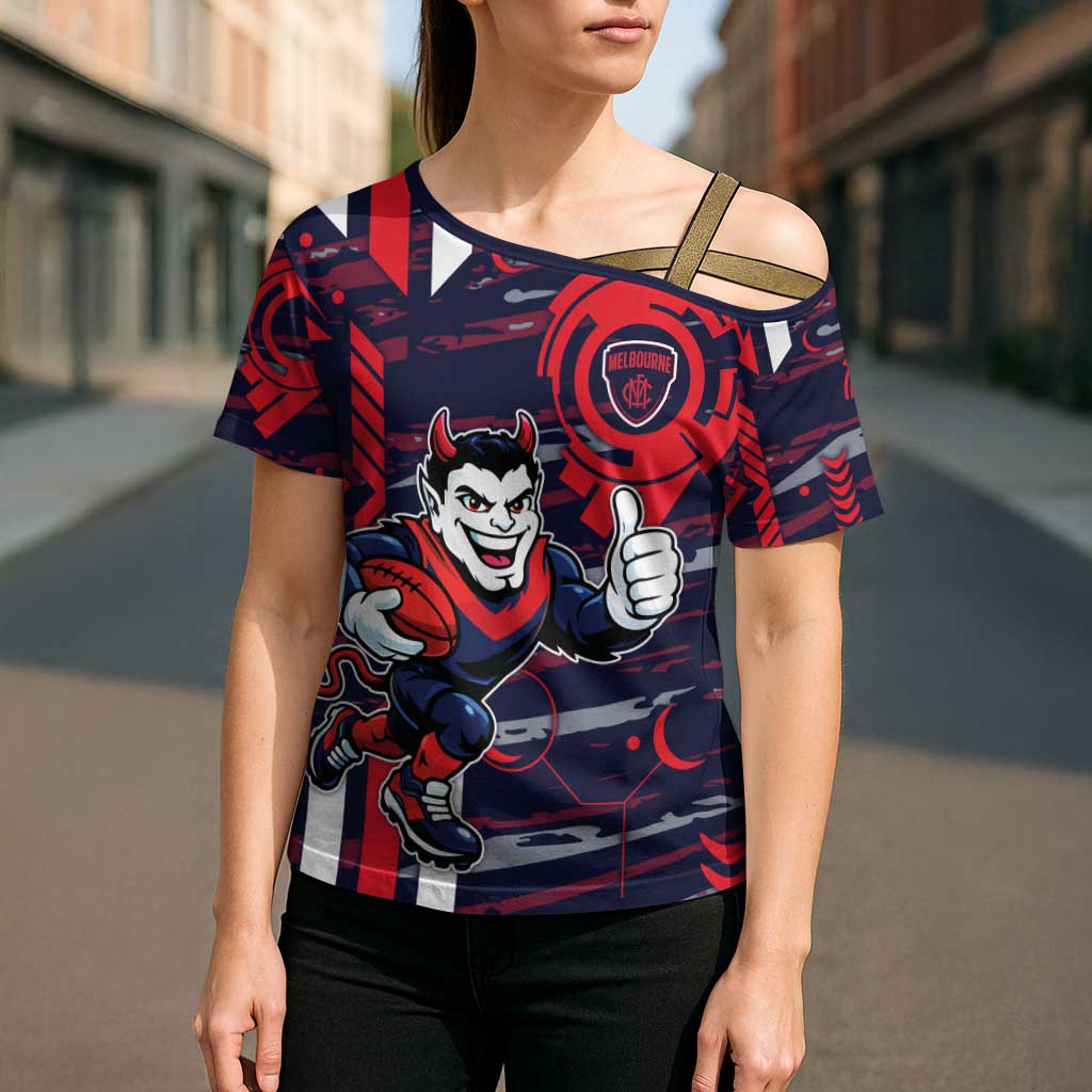 Melbourne Demons Cross Shoulder Shirt Mascot Cartoon Football Illustration Style