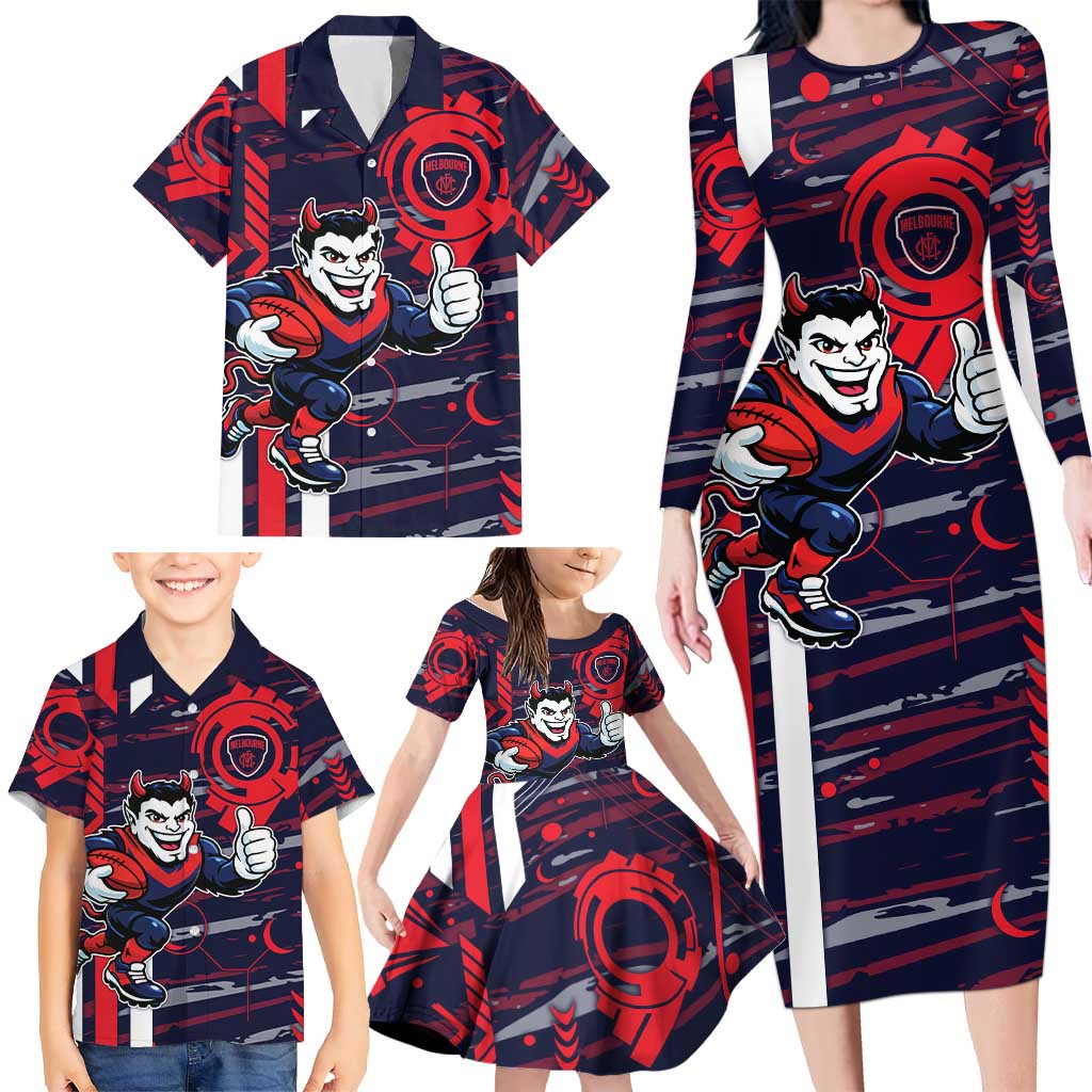 Melbourne Demons Family Matching Long Sleeve Bodycon Dress and Hawaiian Shirt Mascot Cartoon Football Illustration Style