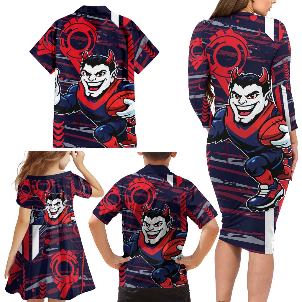 Melbourne Demons Family Matching Long Sleeve Bodycon Dress and Hawaiian Shirt Mascot Cartoon Football Illustration Style