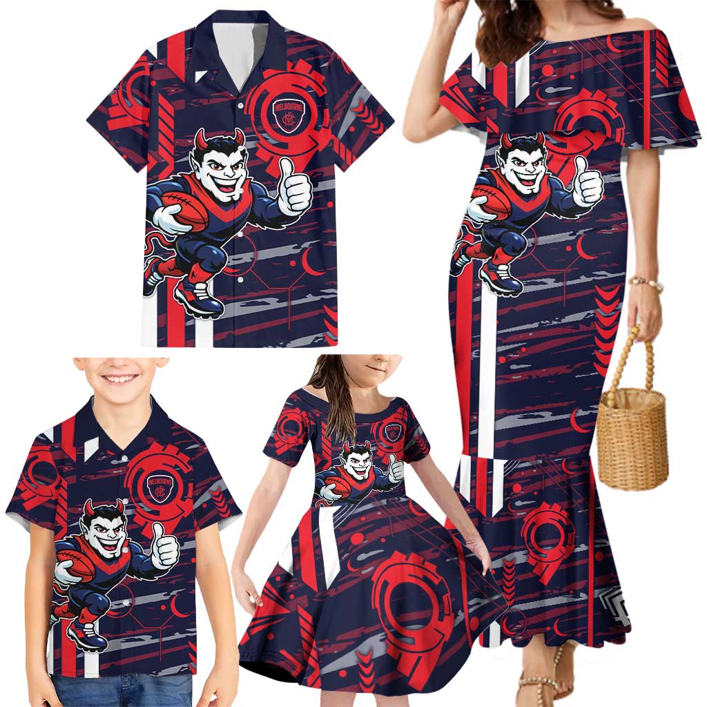 Melbourne Demons Family Matching Mermaid Dress and Hawaiian Shirt Mascot Cartoon Football Illustration Style