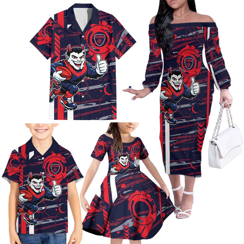 Melbourne Demons Family Matching Off The Shoulder Long Sleeve Dress and Hawaiian Shirt Mascot Cartoon Football Illustration Style