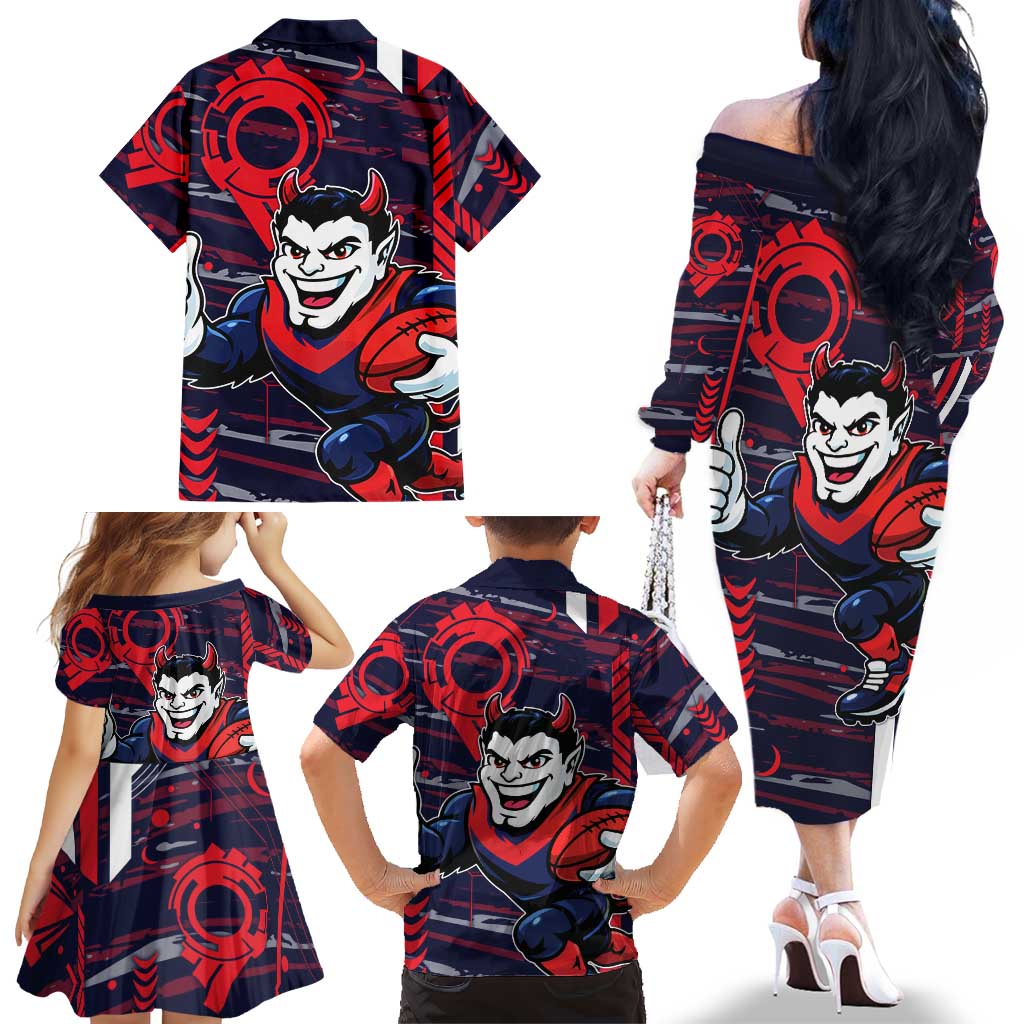Melbourne Demons Family Matching Off The Shoulder Long Sleeve Dress and Hawaiian Shirt Mascot Cartoon Football Illustration Style