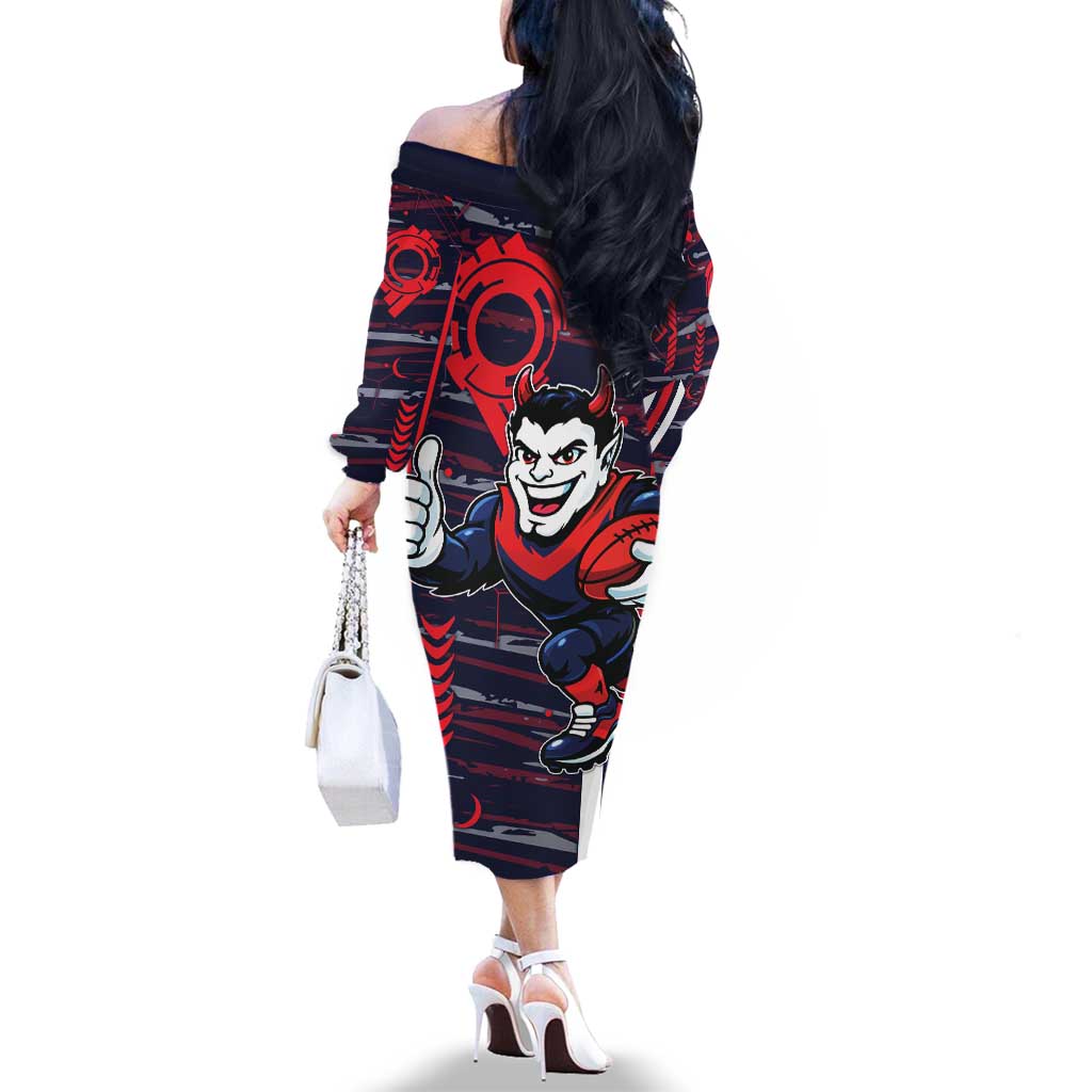 Melbourne Demons Family Matching Off The Shoulder Long Sleeve Dress and Hawaiian Shirt Mascot Cartoon Football Illustration Style