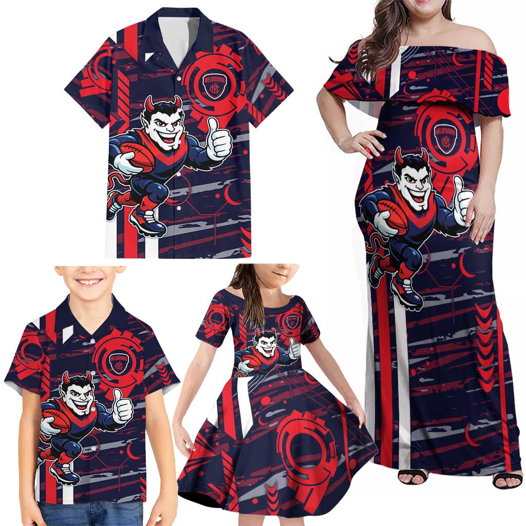 Melbourne Demons Family Matching Off Shoulder Maxi Dress and Hawaiian Shirt Mascot Cartoon Football Illustration Style