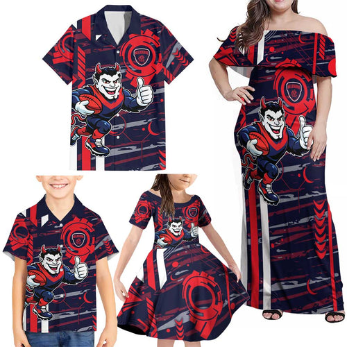 Melbourne Demons Family Matching Off Shoulder Maxi Dress and Hawaiian Shirt Mascot Cartoon Football Illustration Style