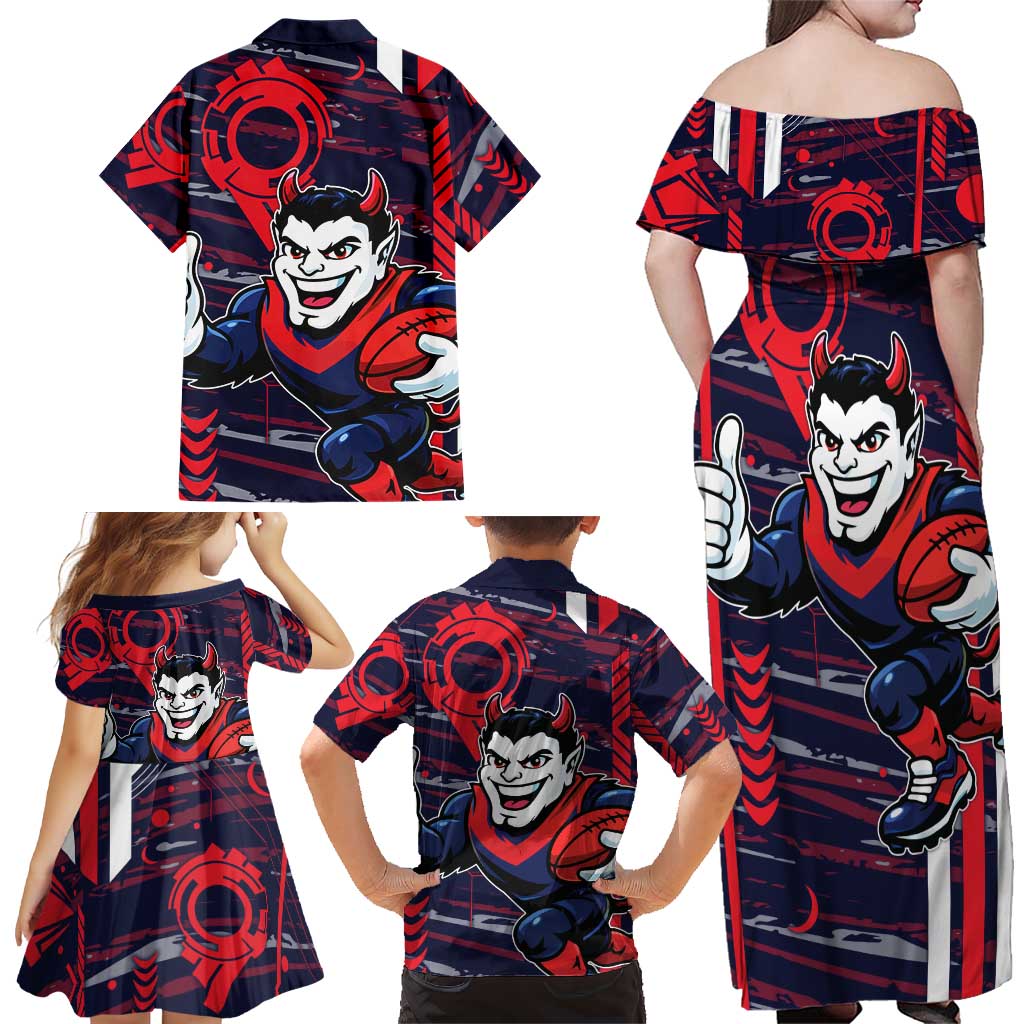 Melbourne Demons Family Matching Off Shoulder Maxi Dress and Hawaiian Shirt Mascot Cartoon Football Illustration Style