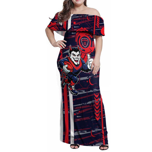 Melbourne Demons Family Matching Off Shoulder Maxi Dress and Hawaiian Shirt Mascot Cartoon Football Illustration Style