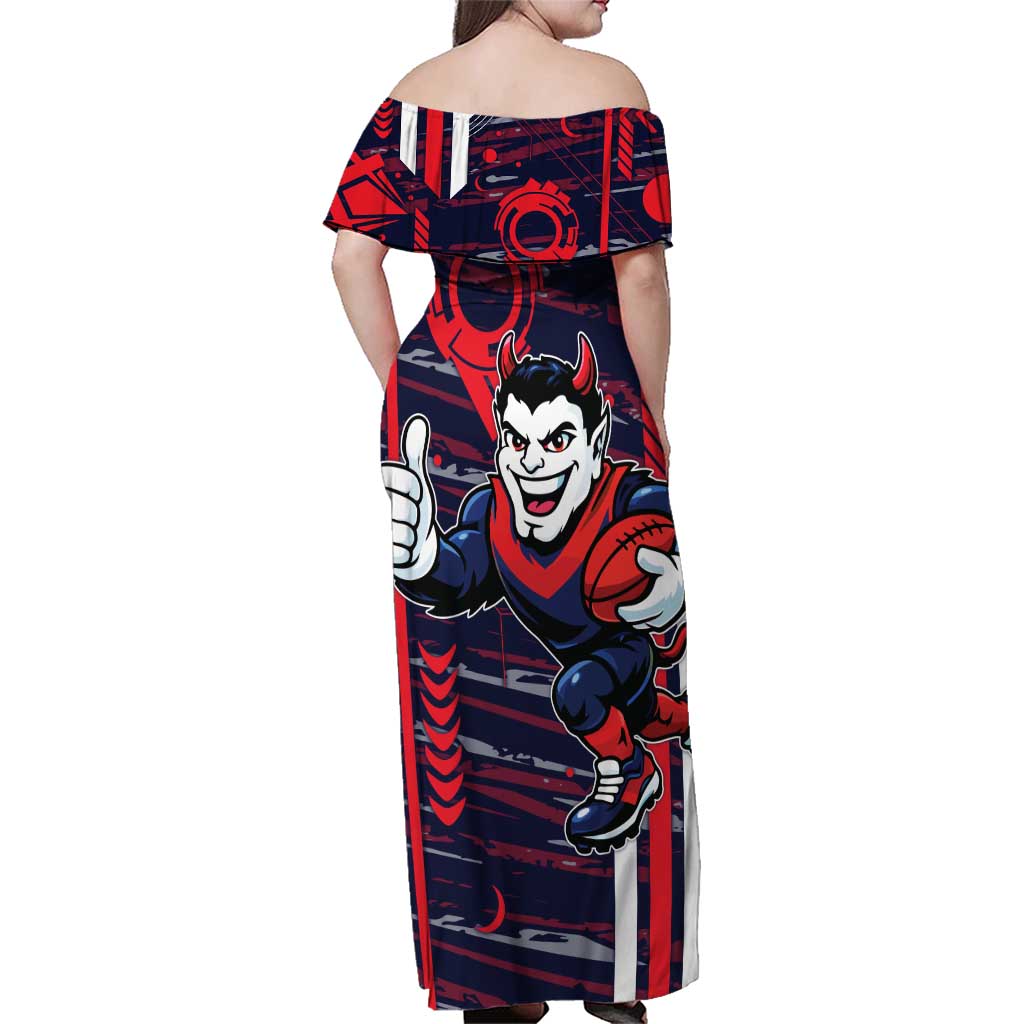 Melbourne Demons Family Matching Off Shoulder Maxi Dress and Hawaiian Shirt Mascot Cartoon Football Illustration Style