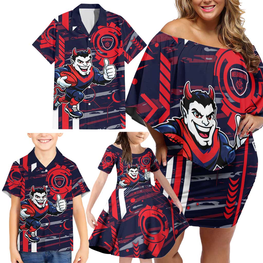 Melbourne Demons Family Matching Off Shoulder Short Dress and Hawaiian Shirt Mascot Cartoon Football Illustration Style