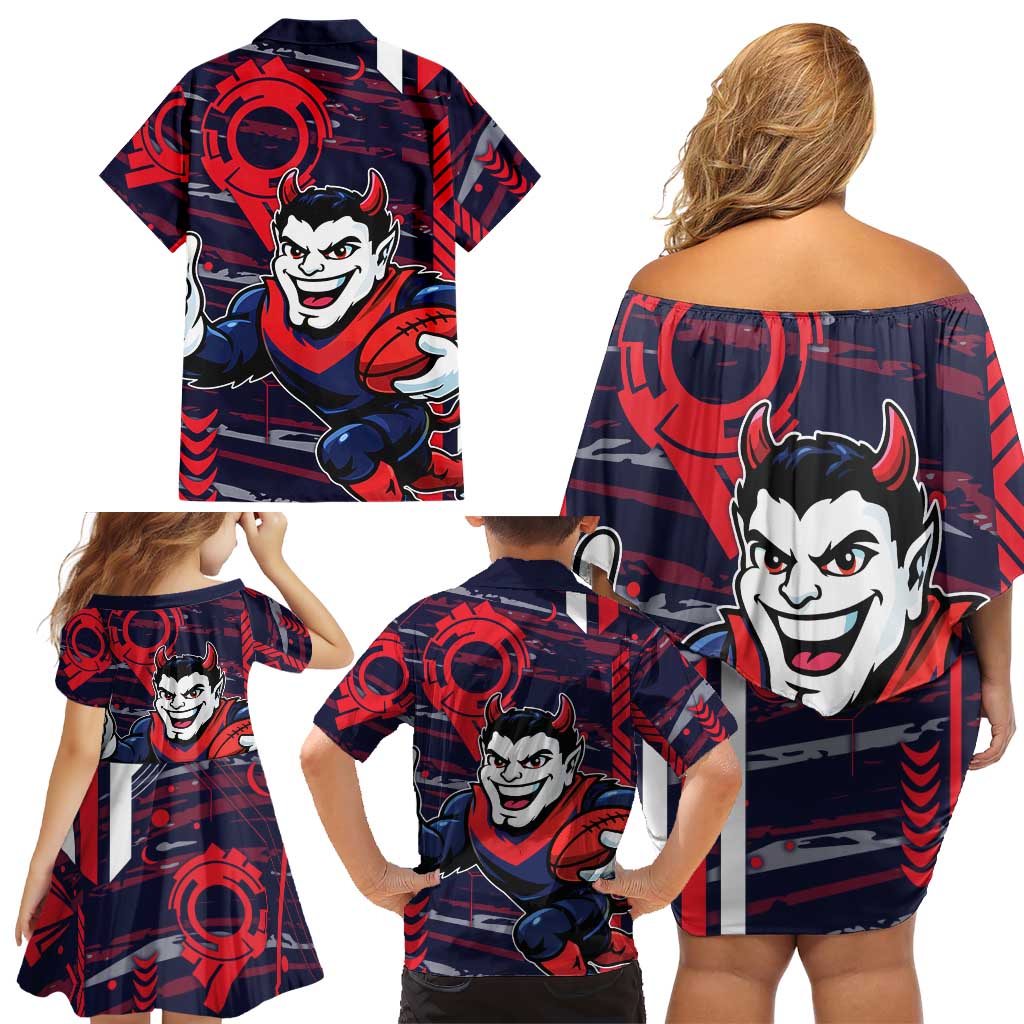 Melbourne Demons Family Matching Off Shoulder Short Dress and Hawaiian Shirt Mascot Cartoon Football Illustration Style