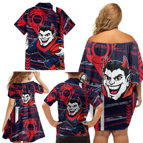 Melbourne Demons Family Matching Off Shoulder Short Dress and Hawaiian Shirt Mascot Cartoon Football Illustration Style