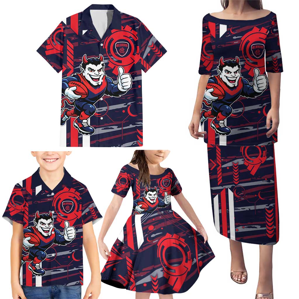 Melbourne Demons Family Matching Puletasi and Hawaiian Shirt Mascot Cartoon Football Illustration Style