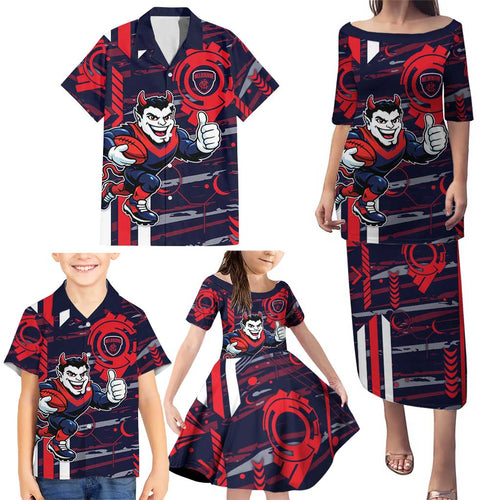 Melbourne Demons Family Matching Puletasi and Hawaiian Shirt Mascot Cartoon Football Illustration Style