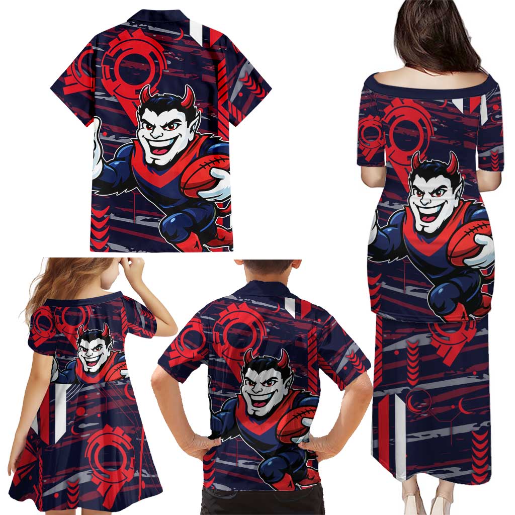 Melbourne Demons Family Matching Puletasi and Hawaiian Shirt Mascot Cartoon Football Illustration Style
