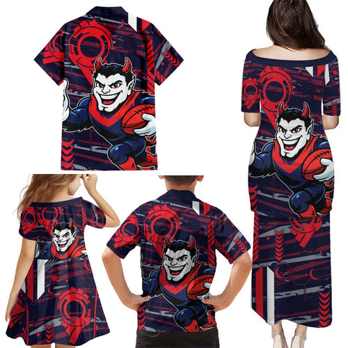 Melbourne Demons Family Matching Puletasi and Hawaiian Shirt Mascot Cartoon Football Illustration Style