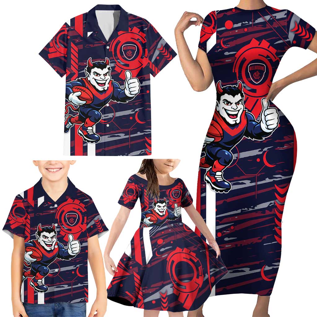 Melbourne Demons Family Matching Short Sleeve Bodycon Dress and Hawaiian Shirt Mascot Cartoon Football Illustration Style