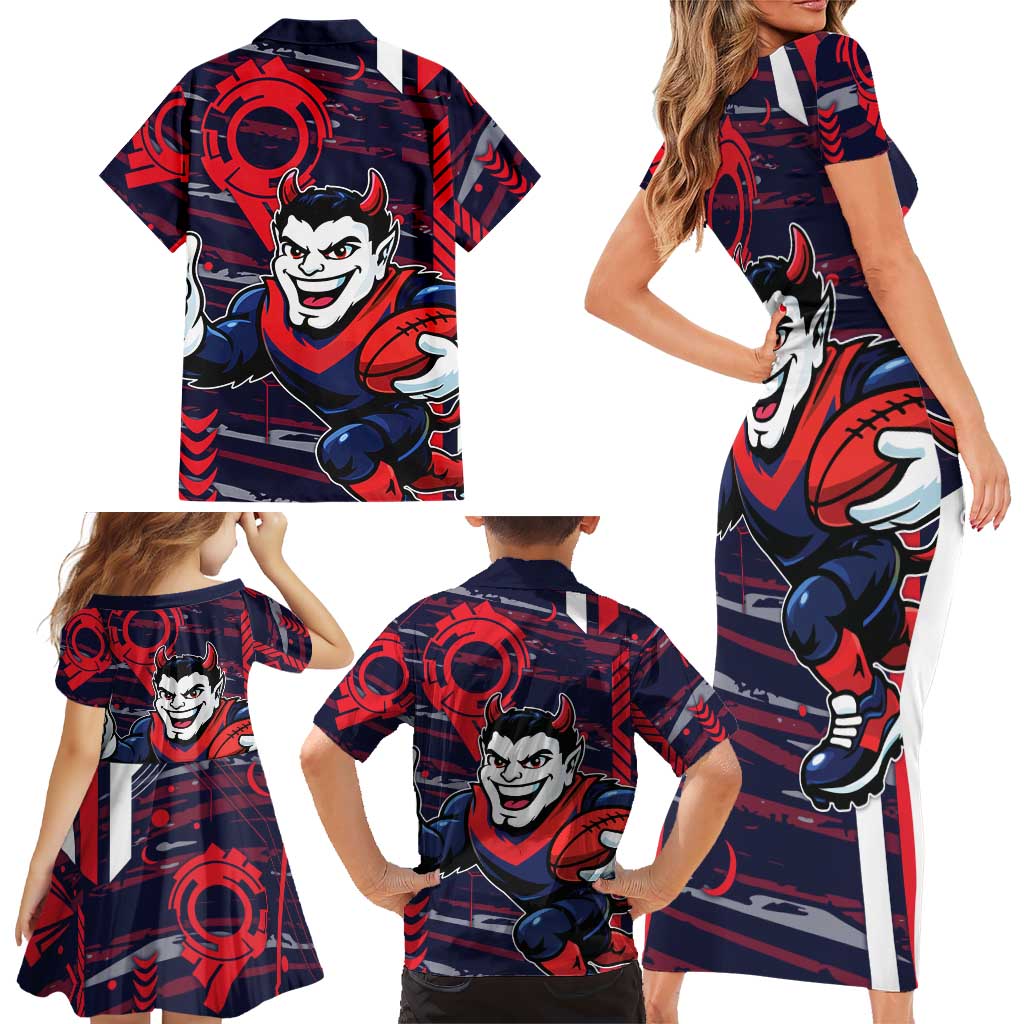 Melbourne Demons Family Matching Short Sleeve Bodycon Dress and Hawaiian Shirt Mascot Cartoon Football Illustration Style
